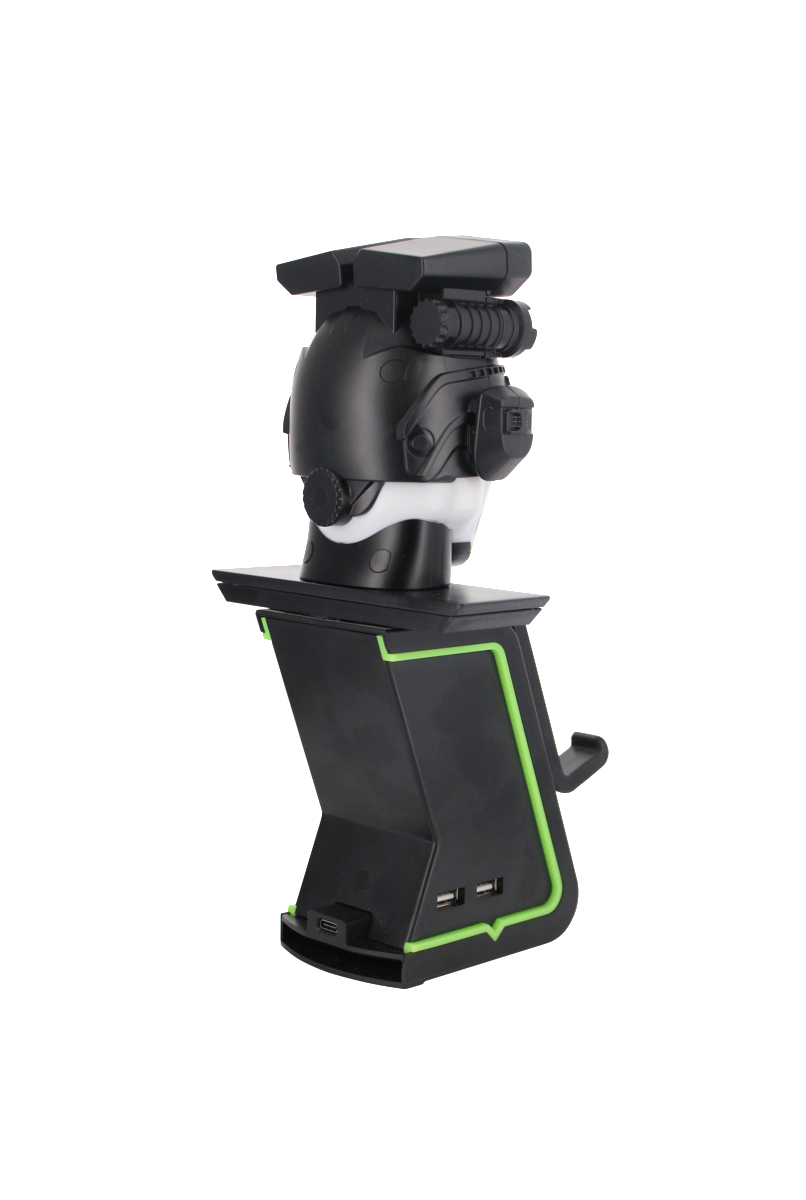 Ein schwarzer Gaming-Headset-Ständer mit grünen Akzenten und USB-Anschlüssen.