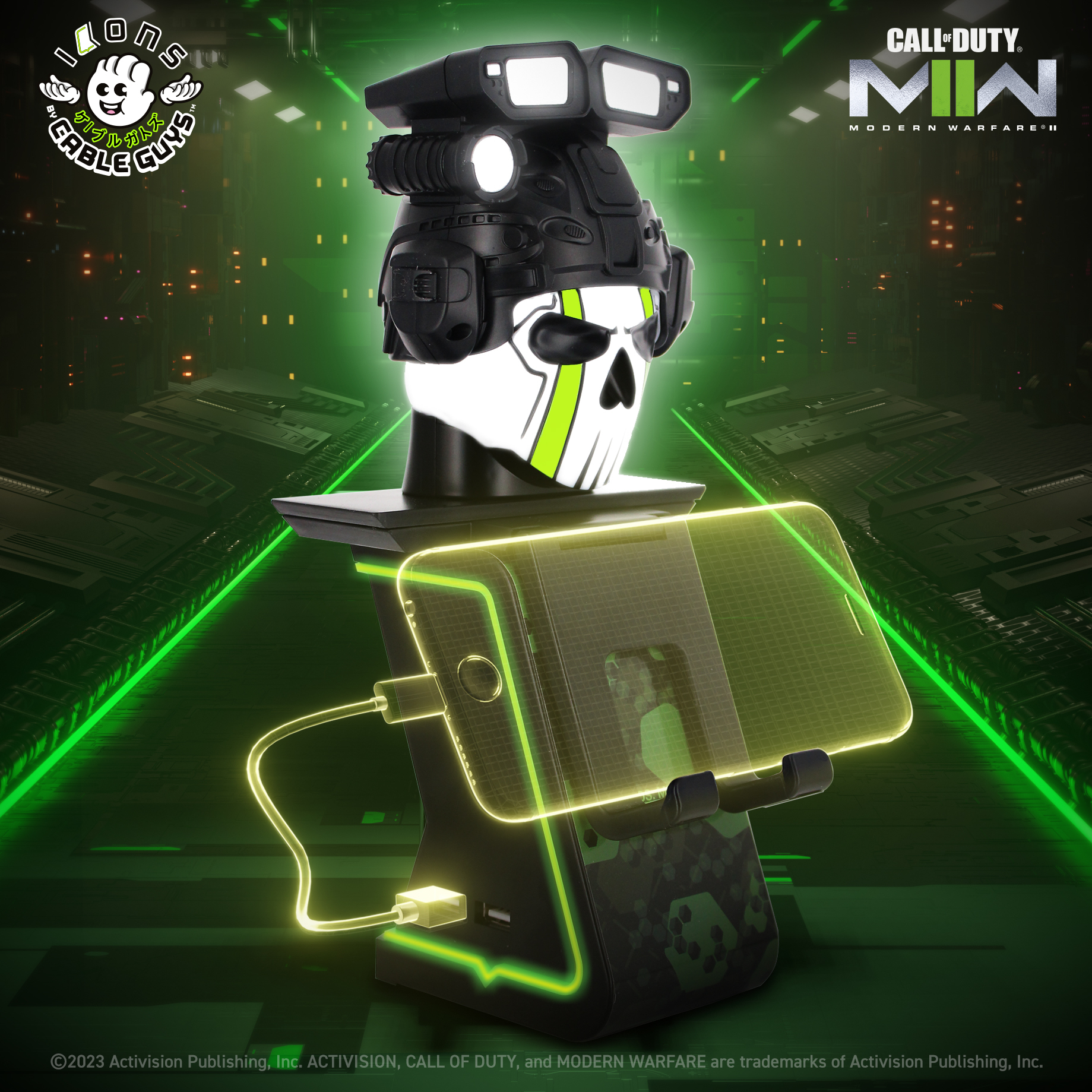 Eine Call of Duty Ladestation für ein Telefon mit Totenkopf-Design, beleuchtet mit Neonlicht.