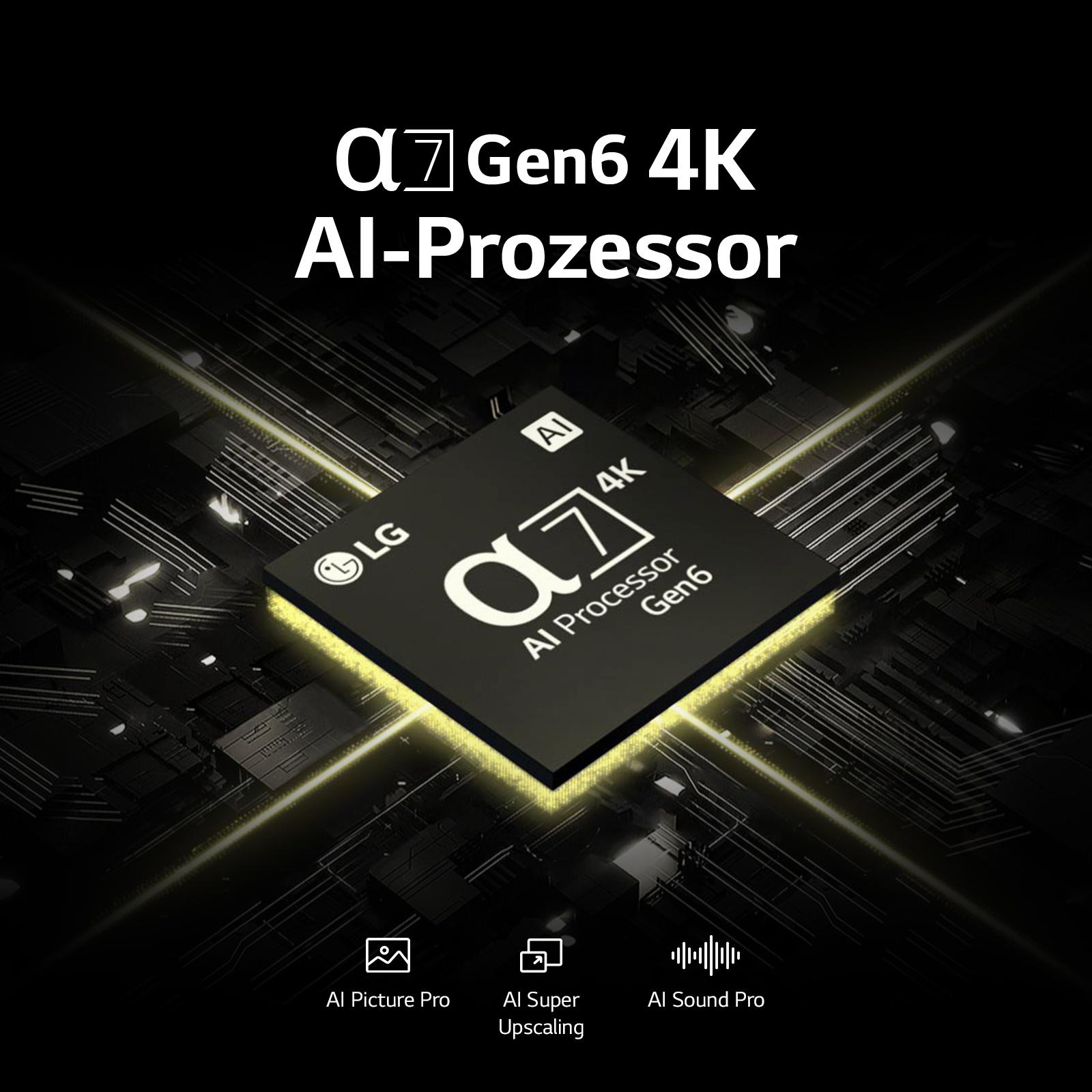 Schwarzer LG-Prozessor mit Text und Lichtlinien. AI und 4K Text sind sichtbar.