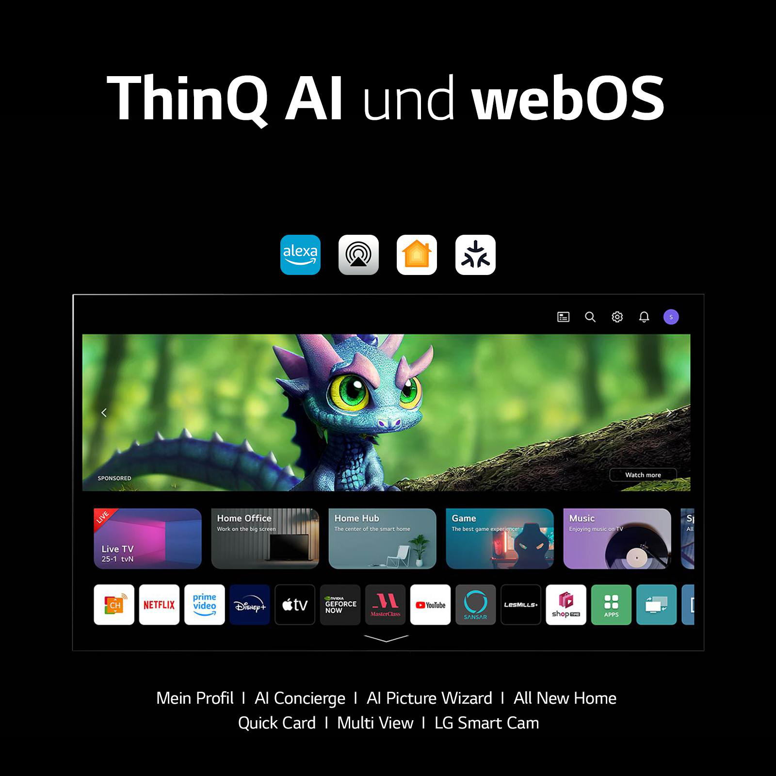 Ein Fernsehbildschirm zeigt einen bunten Cartoon. Text lautet ThinQ AI und webOS. Mehrere App-Symbole werden angezeigt.