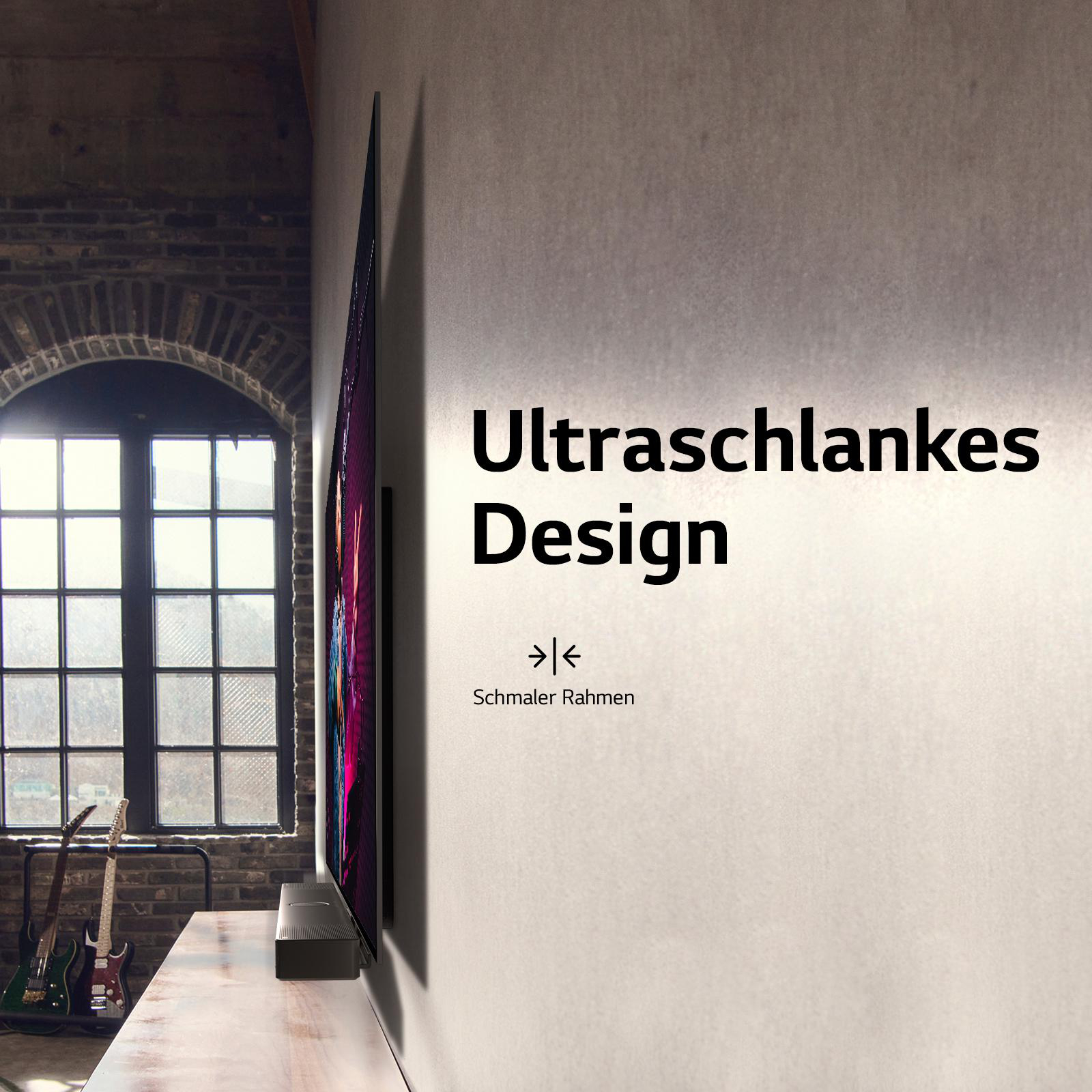 Dünner Fernseher an der Wand. Text: 'Ultraschlankes Design'. Gitarren darunter.