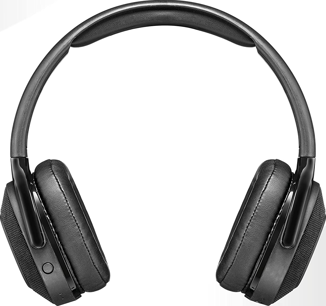 Casque noir, style circum-aural, avec coussinets et bandeau rembourrés sur fond blanc.