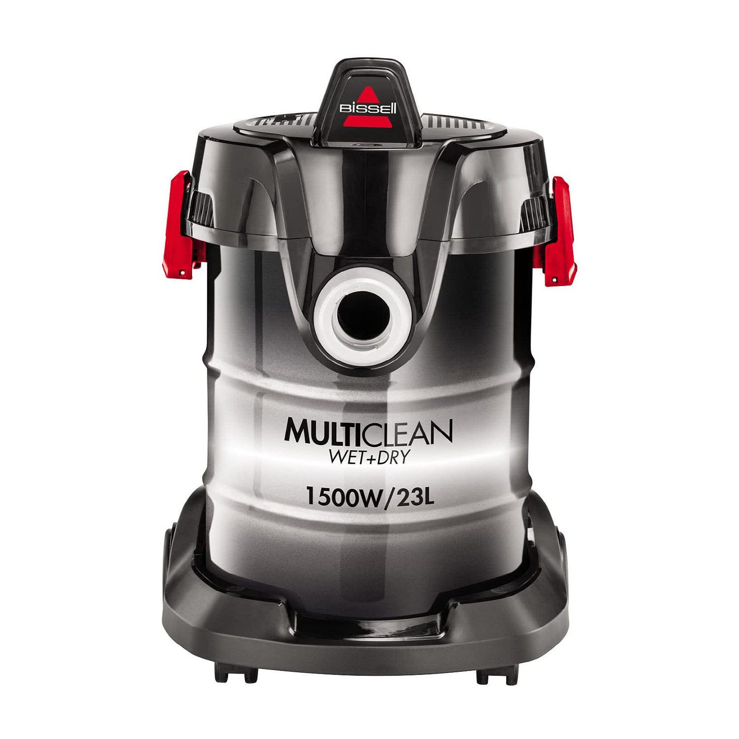 Un aspirapolvere Bissell MultiClean bagnato+asciutto nero e grigio con dettagli rossi.