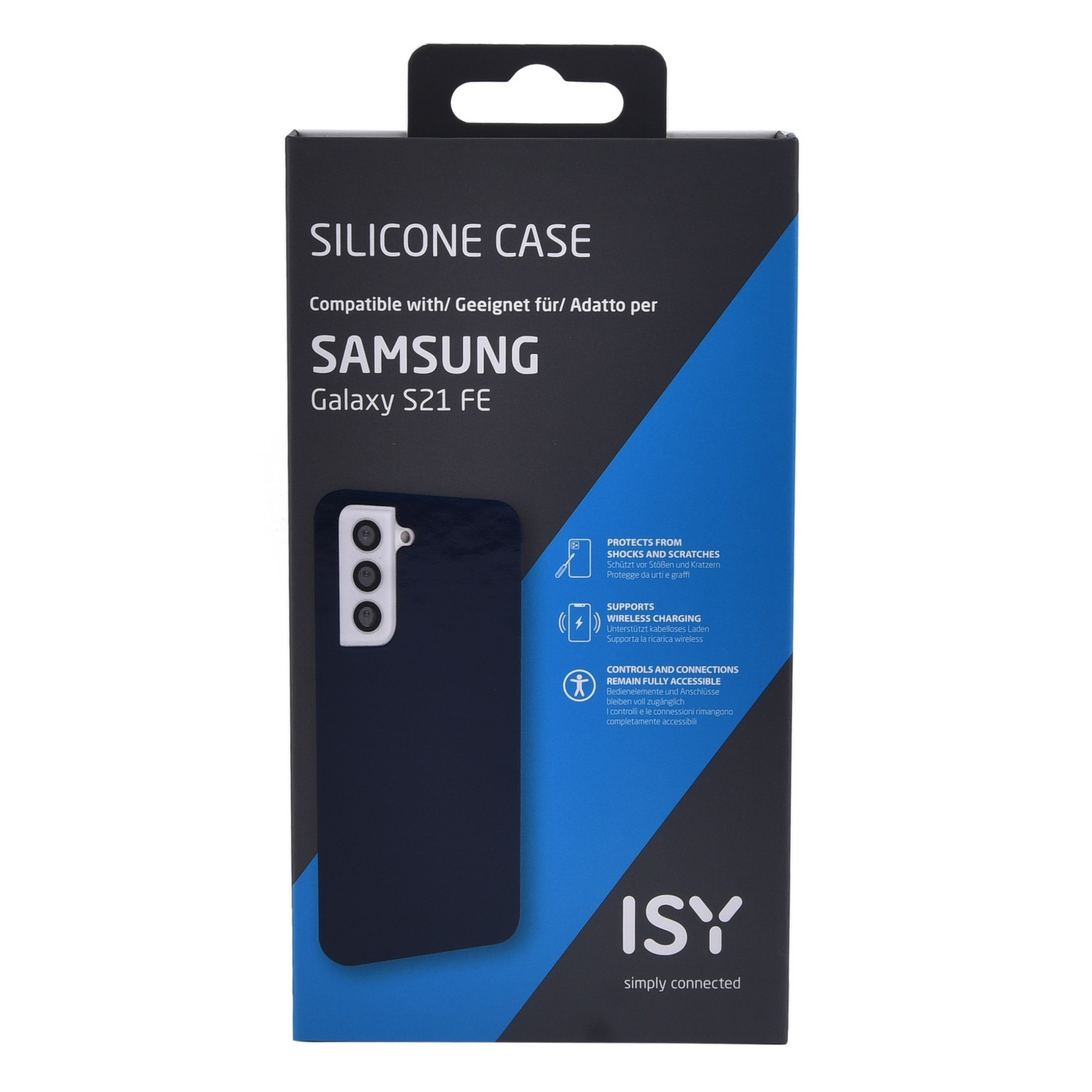 Een telefoonhoesje doos voor een Samsung Galaxy S21 FE. De doos is blauw en wit.