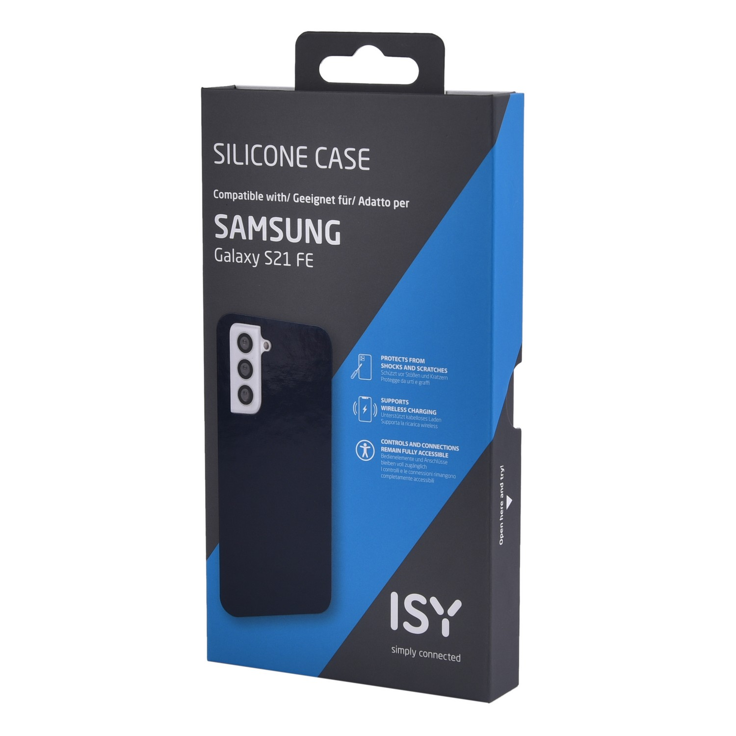 Doos voor een zwarte Samsung Galaxy S21 FE telefoonhoes. De doos heeft een blauw en zwart ontwerp.