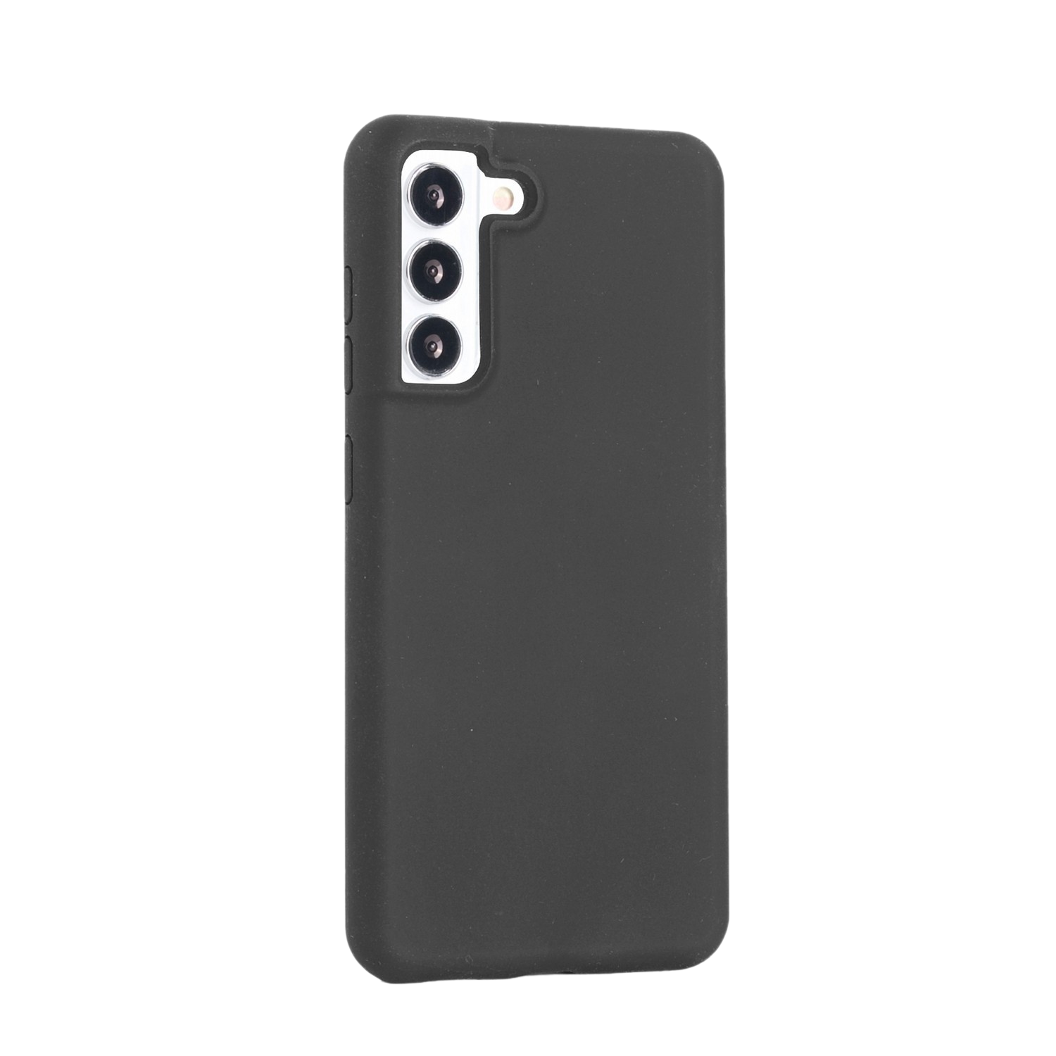 Zwarte telefoonhoes met drie cameralenzen. Minimalistisch design met een gladde, matte afwerking.