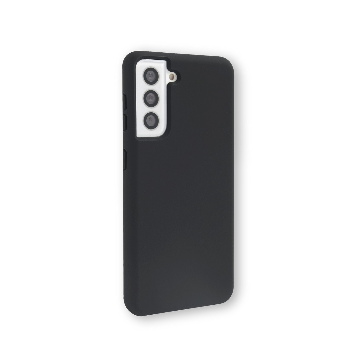 Een zwarte telefoonhoes met een witte cameramodule. Op een witte achtergrond.