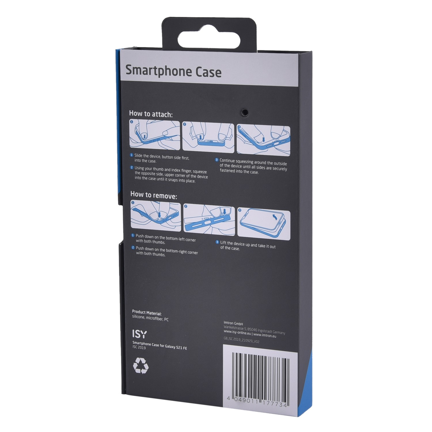 Achterkant van de verpakking van de smartphonehoes. Bevat instructies, productdetails en recyclinginfo.