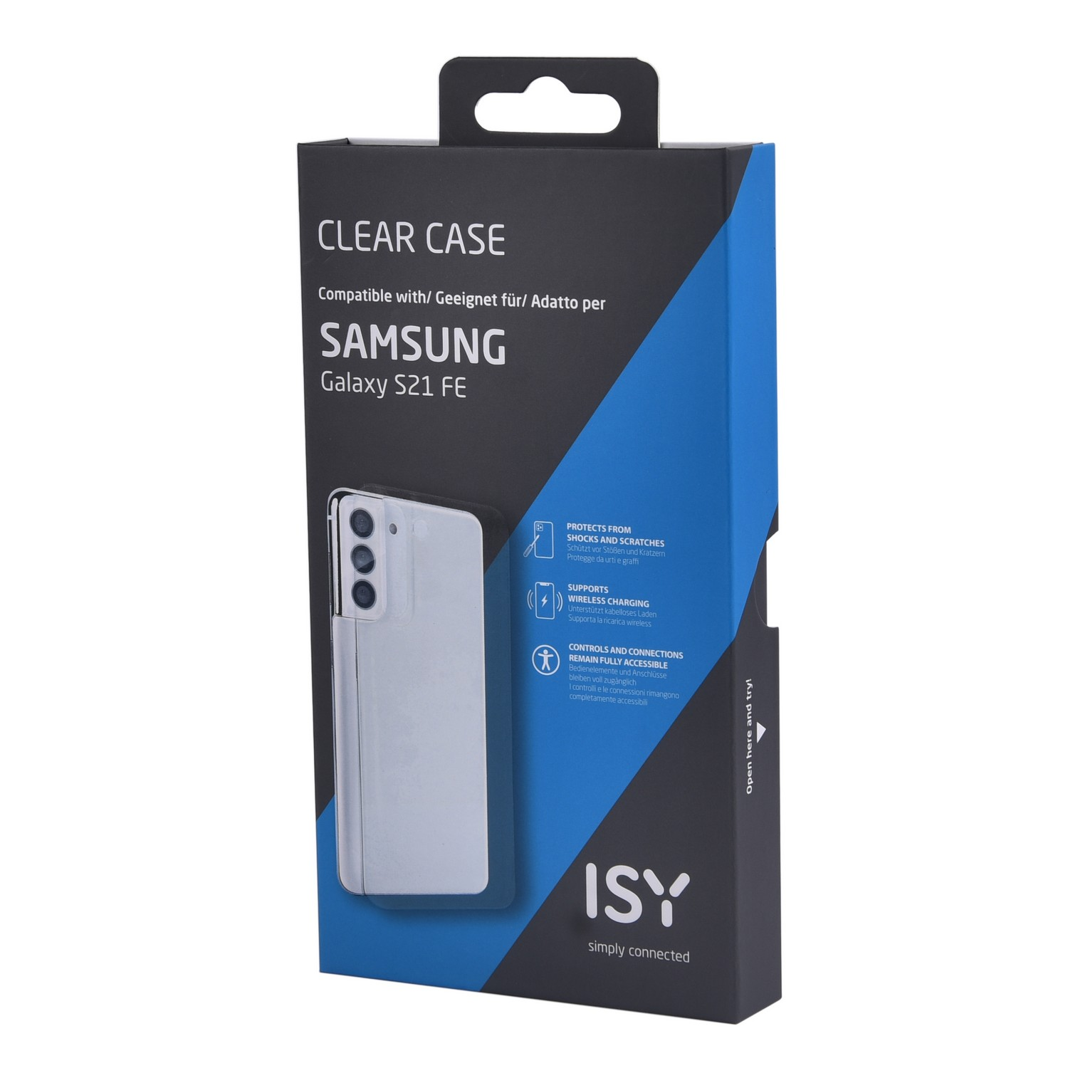 Boîte transparente pour coque Samsung S21 FE. Coque visible. Couleurs noir et bleu.