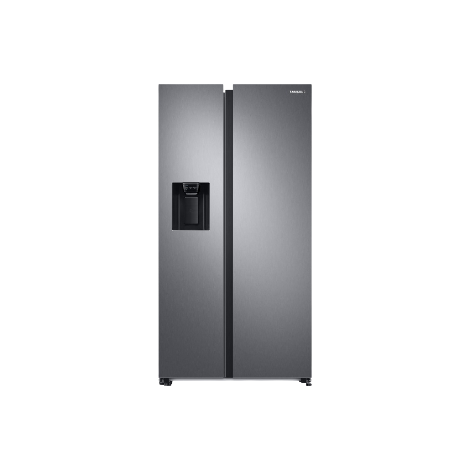 Side-by-side roestvrijstalen Samsung koelkast met een water- en ijsdispenser.