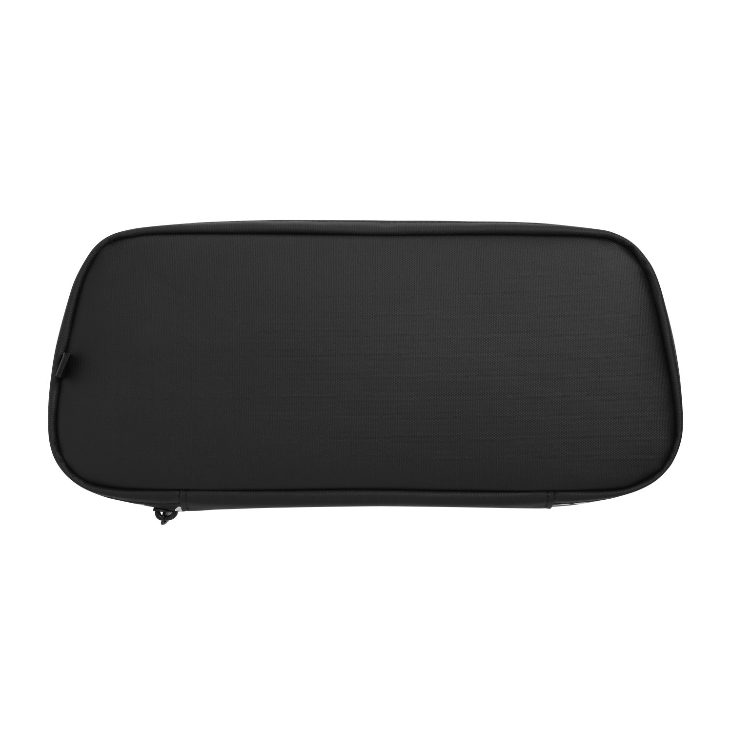 A black, rectangular travel case with a zipper closure, isolated on a black background.