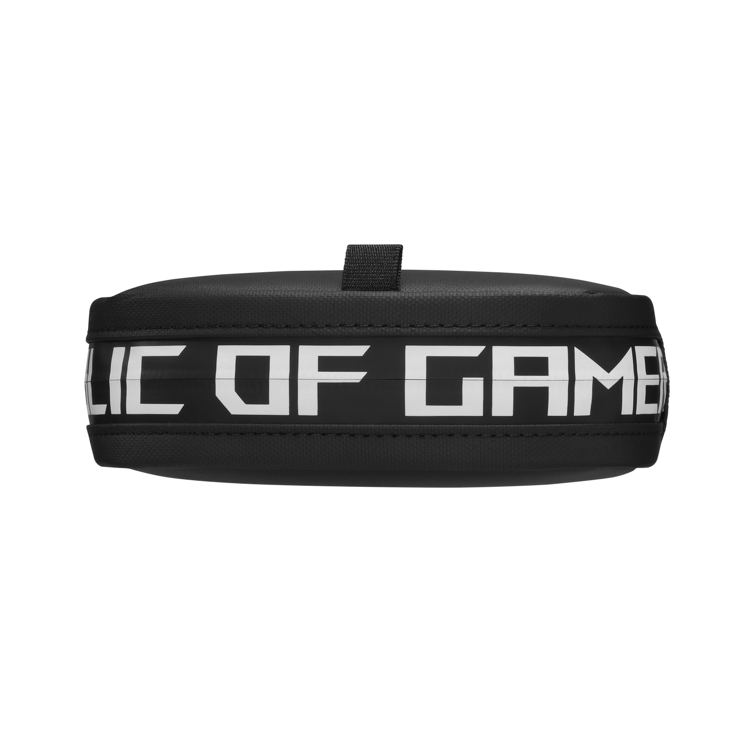 Black ROG bag with white "REPUBLIC OF GAMERS" text. Black background.