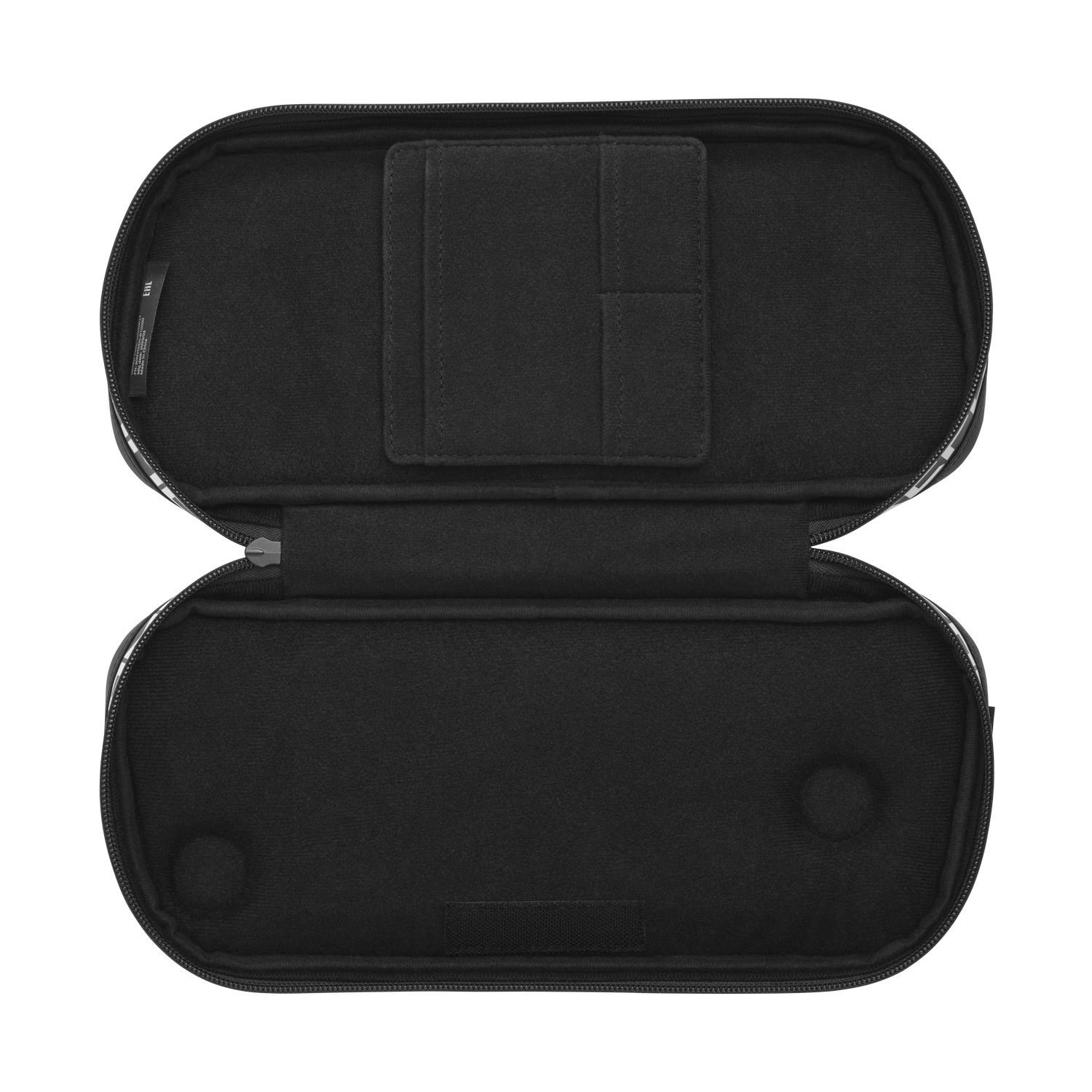 Open black case with compartments. A small pocket and a large space are visible.