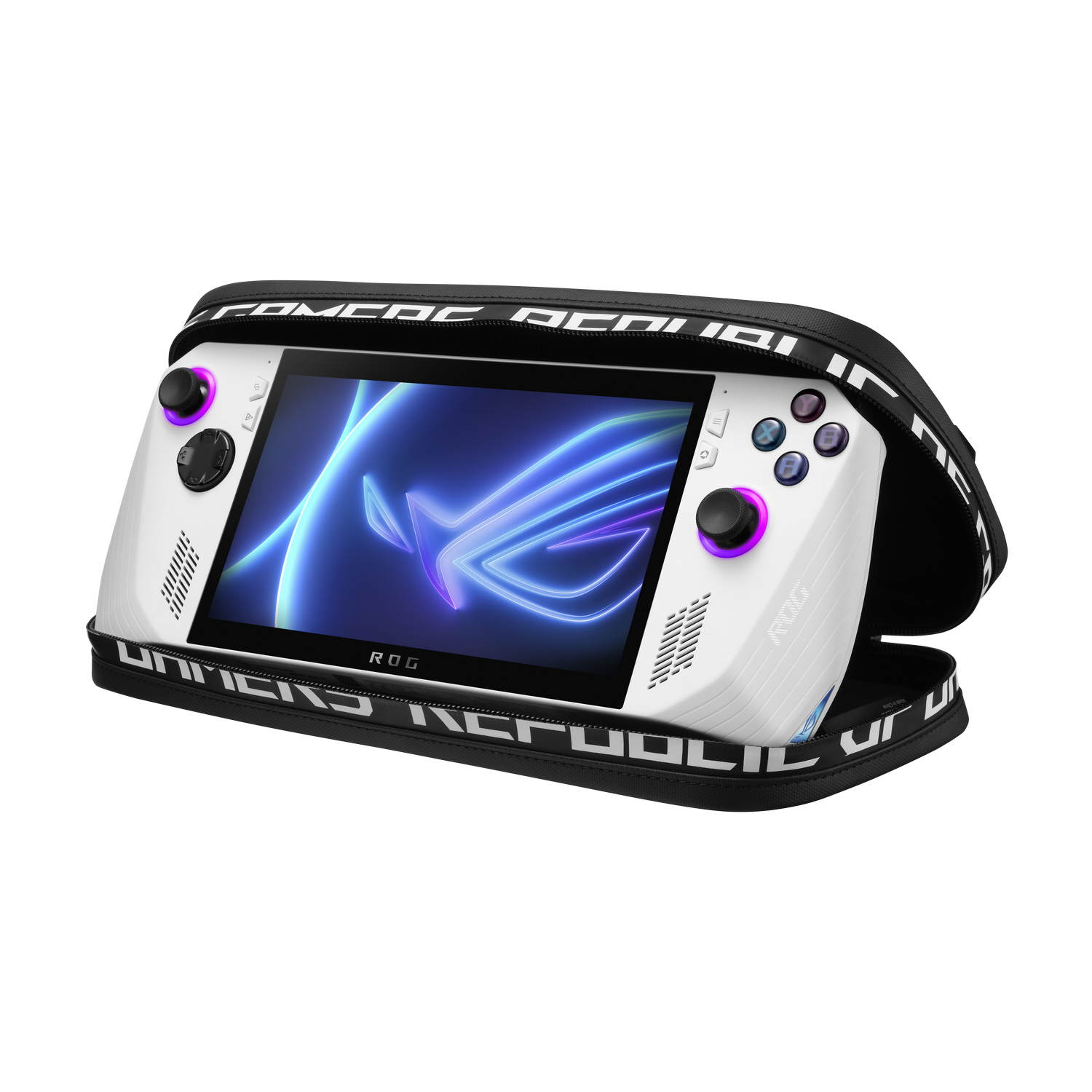 White handheld gaming console in black case. Console features buttons and a screen.