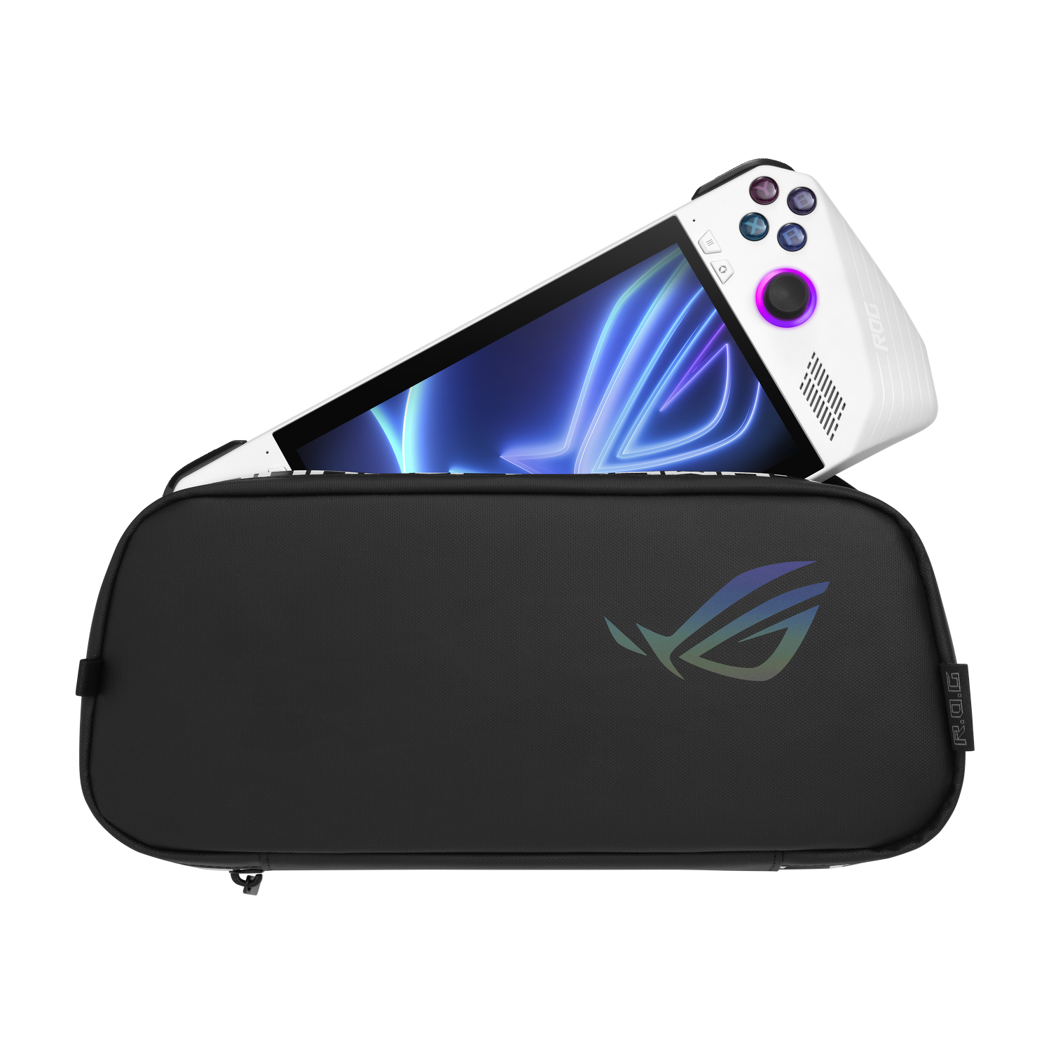 White handheld gaming device with black case. The screen is displaying a blue game graphic.