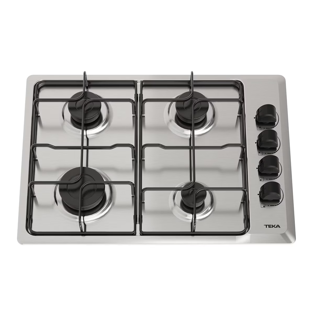 Encimera de gas de acero inoxidable con cuatro quemadores y cuatro mandos.