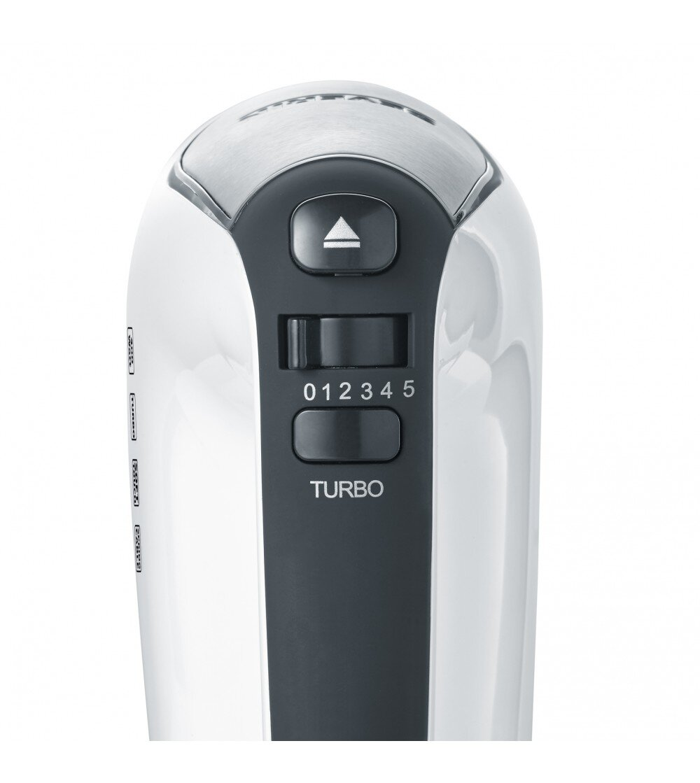 Biały mikser ręczny z ustawieniami prędkości. Liczby 0-5, przycisk Turbo, strzałka.