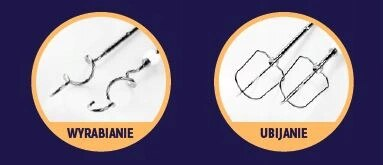 Dwa przystawki do miksera w okręgach. Jeden do ugniatania, drugi do ubijania, na niebieskim tle.