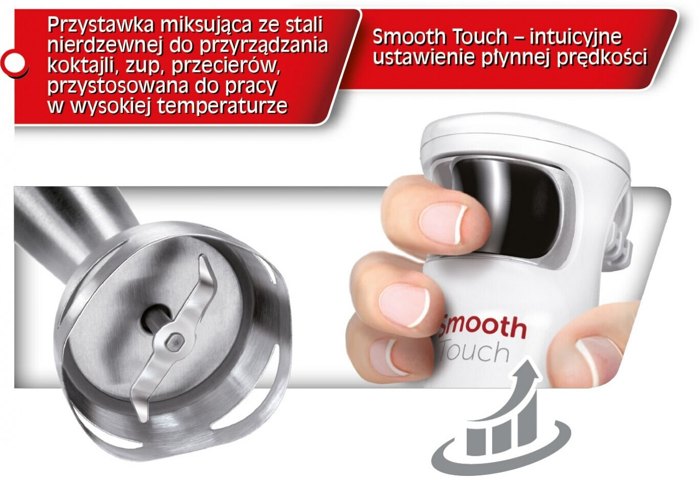 Dłoń trzymająca biały blender z tekstem Smooth Touch.
