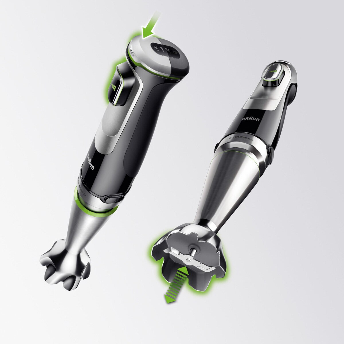 Dwa blendery ręczne, jeden w użyciu z zieloną strzałką, drugi pokazujący ostrze i zieloną strzałkę.