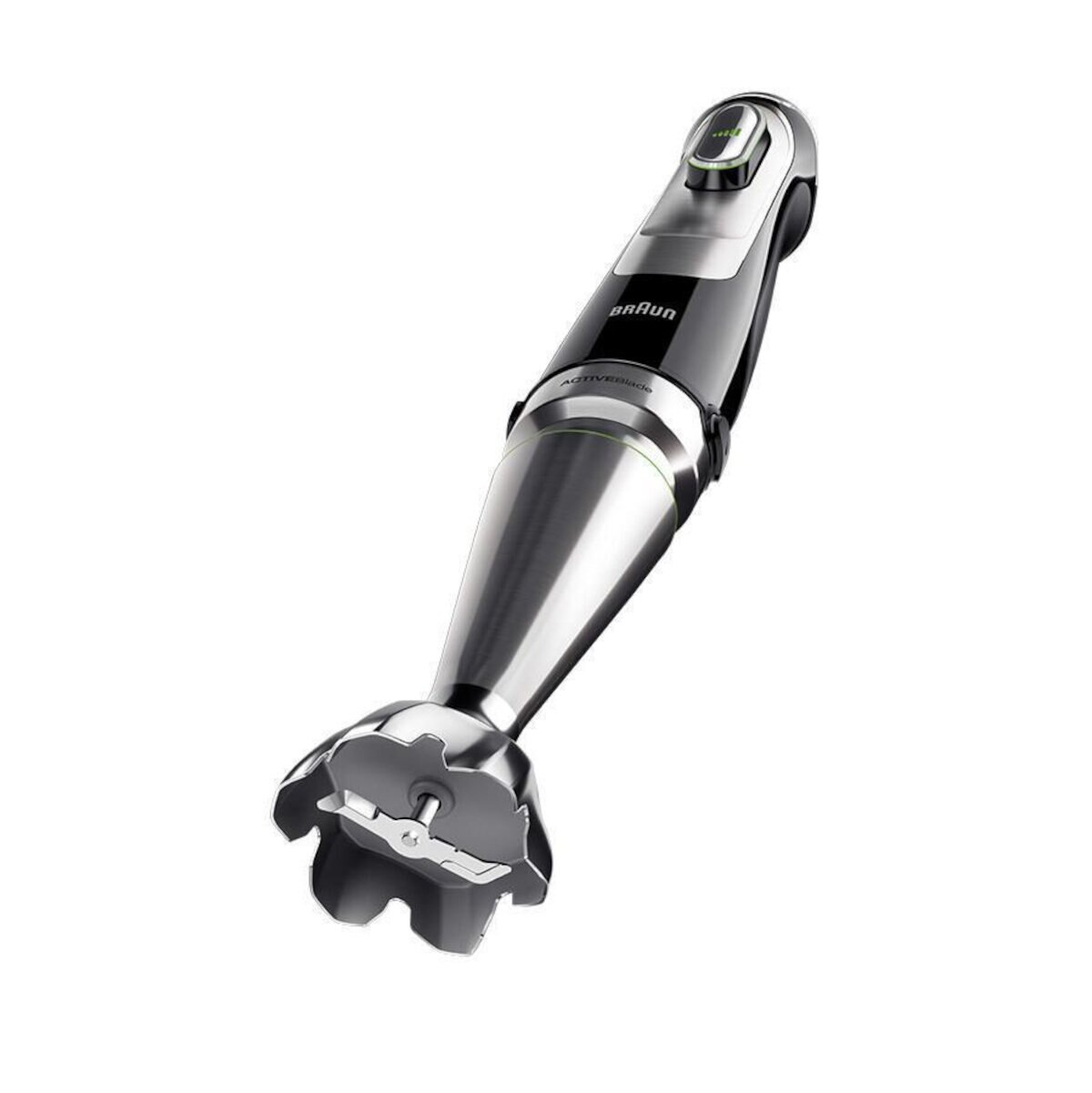 Blender ręczny Braun, ujęcie pod kątem, stal nierdzewna i czarny.