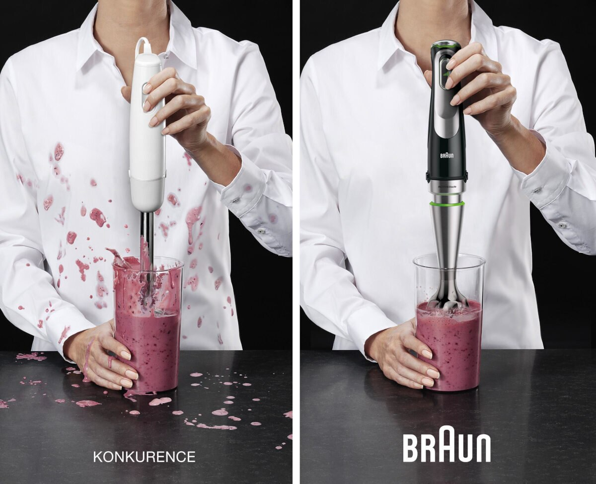 Dwa obrazy: konkurencyjny blender rozpryskuje sok. Blender Braun, gładki efekt. Logo Braun.