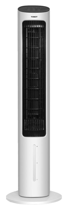 Fehér toronyventilátor fekete szellőzőkkel, fehér alapon, TOSOT márka.