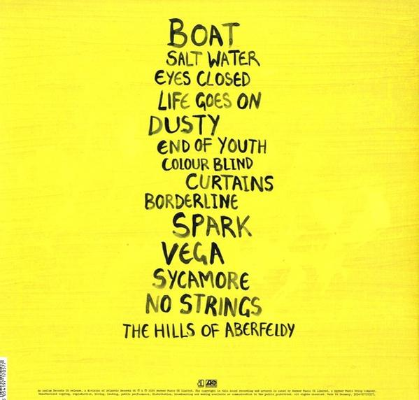 Pochette d'album avec titres de chansons en noir sur fond jaune. Texte : BOAT, SALT WATER, etc.