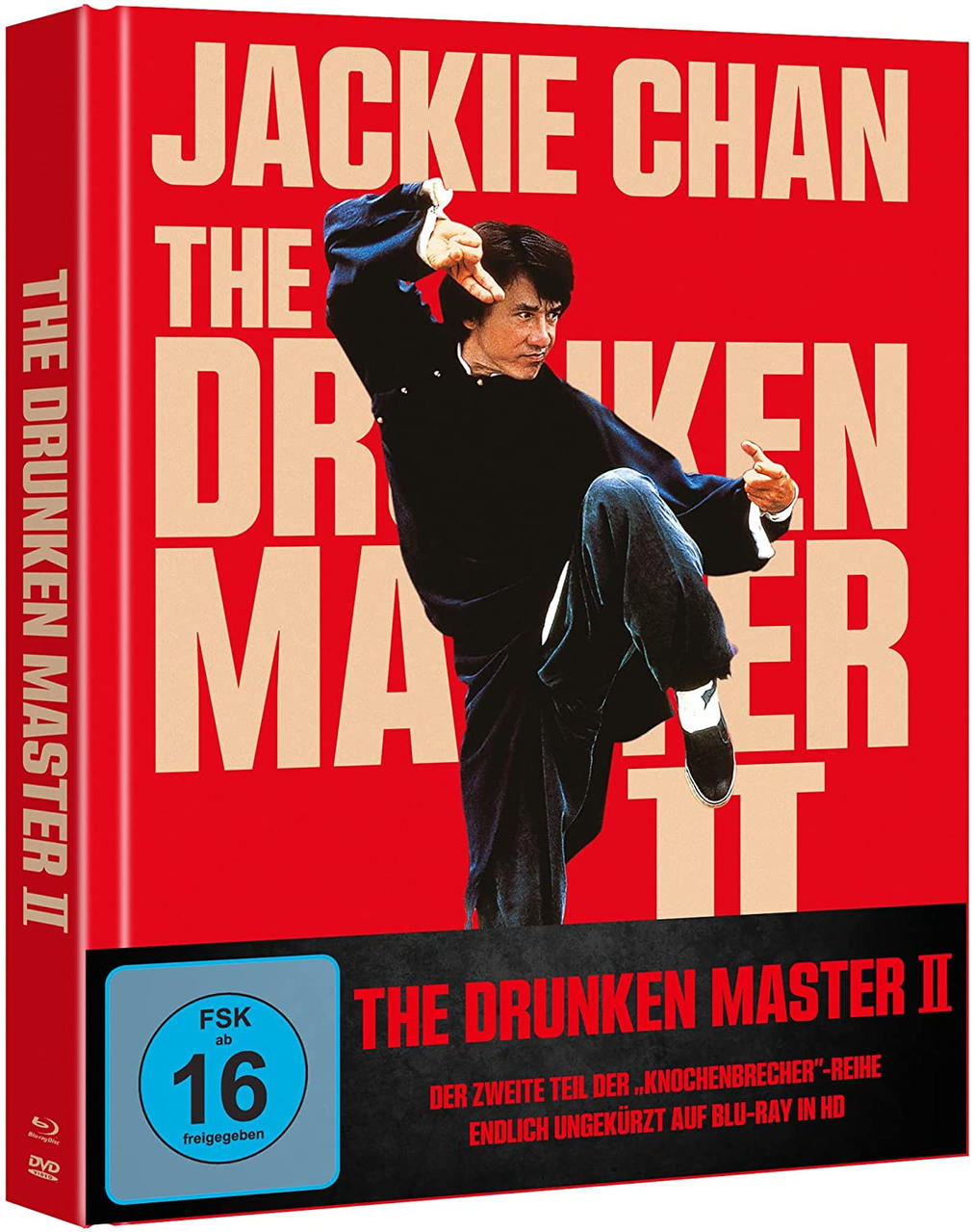 DVD-Box-Art für The Drunken Master II mit Jackie Chan in Kampfpose.