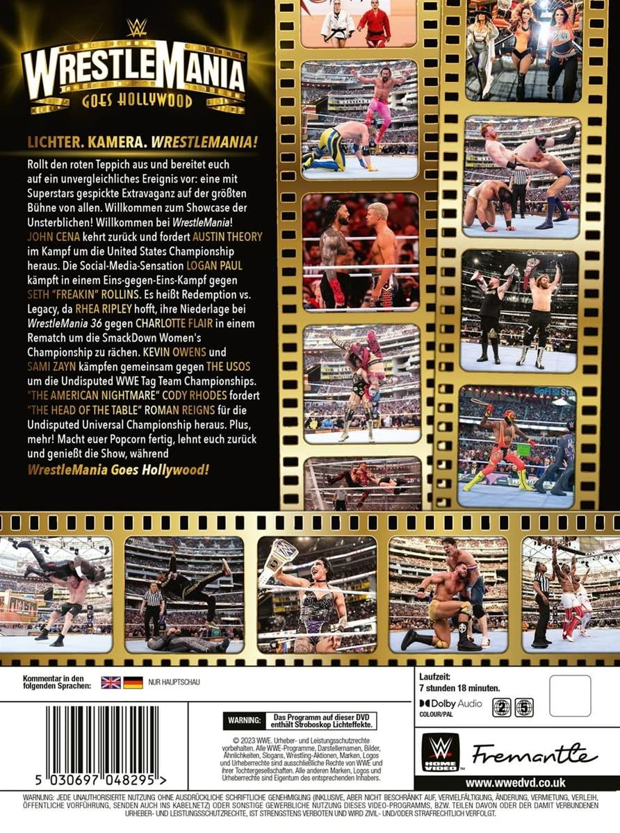 Rückseite einer DVD-Hülle. Text enthält: WrestleMania, Wrestling-Kämpfe und eine Liste von Wrestlern. Filmstreifen-Rahmen.