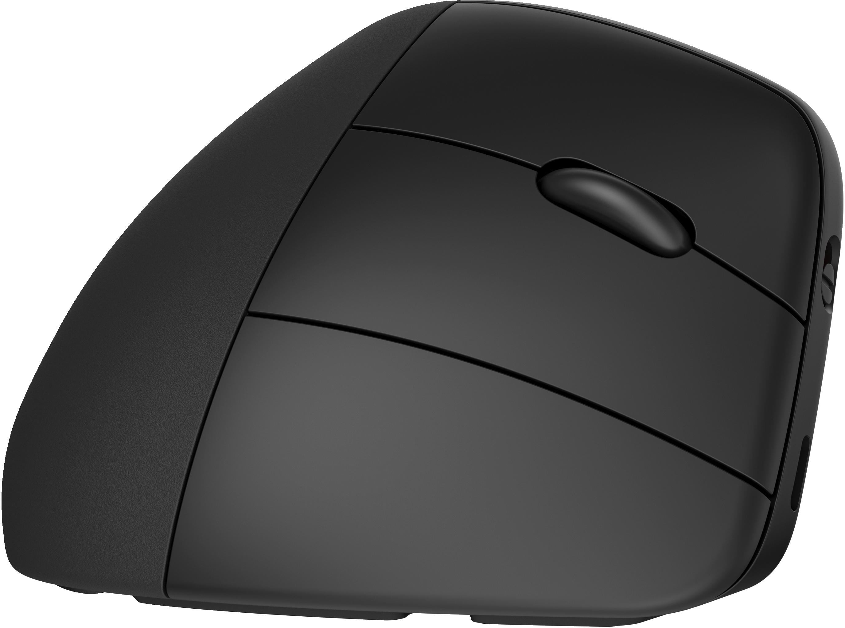 Eine schwarze ergonomische Maus. Sie hat eine einzigartige Form mit Tasten und einem Scrollrad.