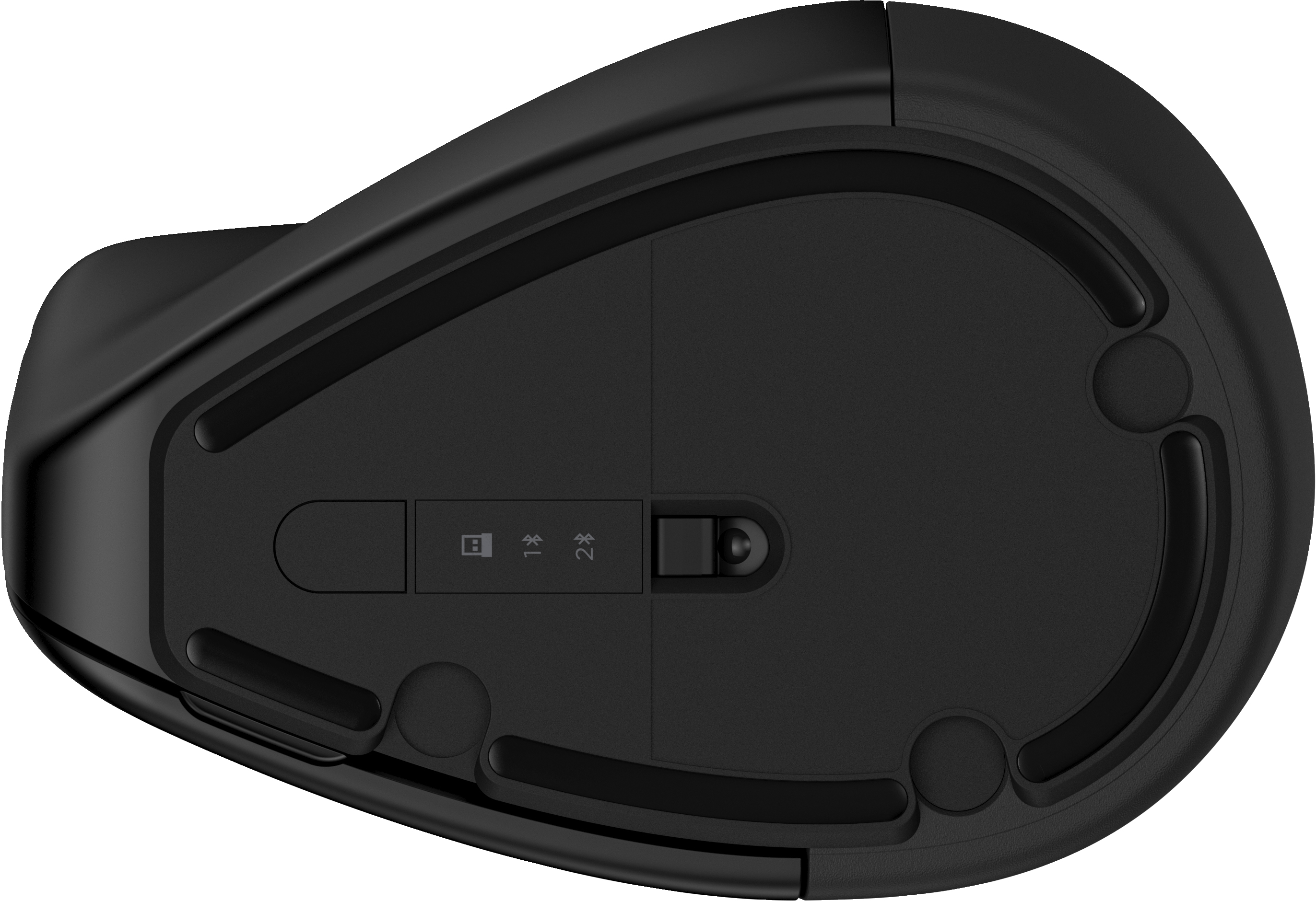 Die Unterseite einer schwarzen ergonomischen Maus. Sie hat einen Schalter und einen Knopf.