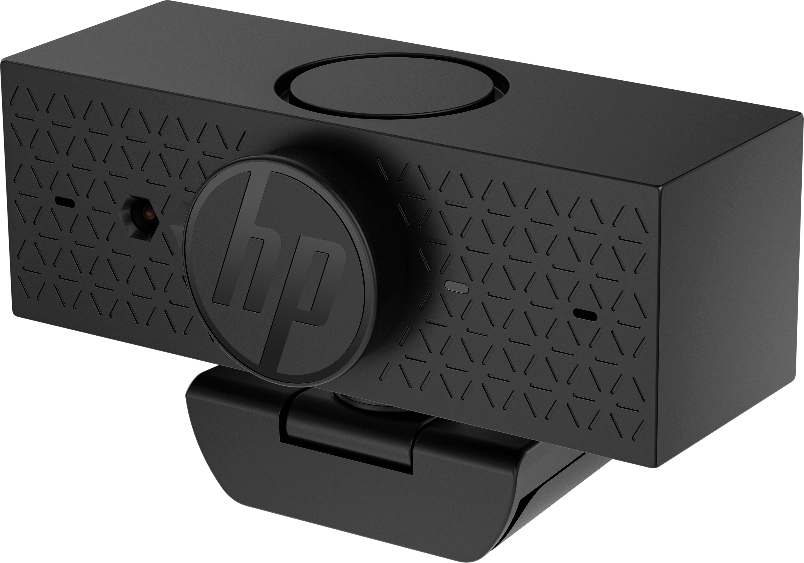 Eine schwarze Webcam mit schwarzem Sockel und dem HP-Logo, mit schwarzem Hintergrund.