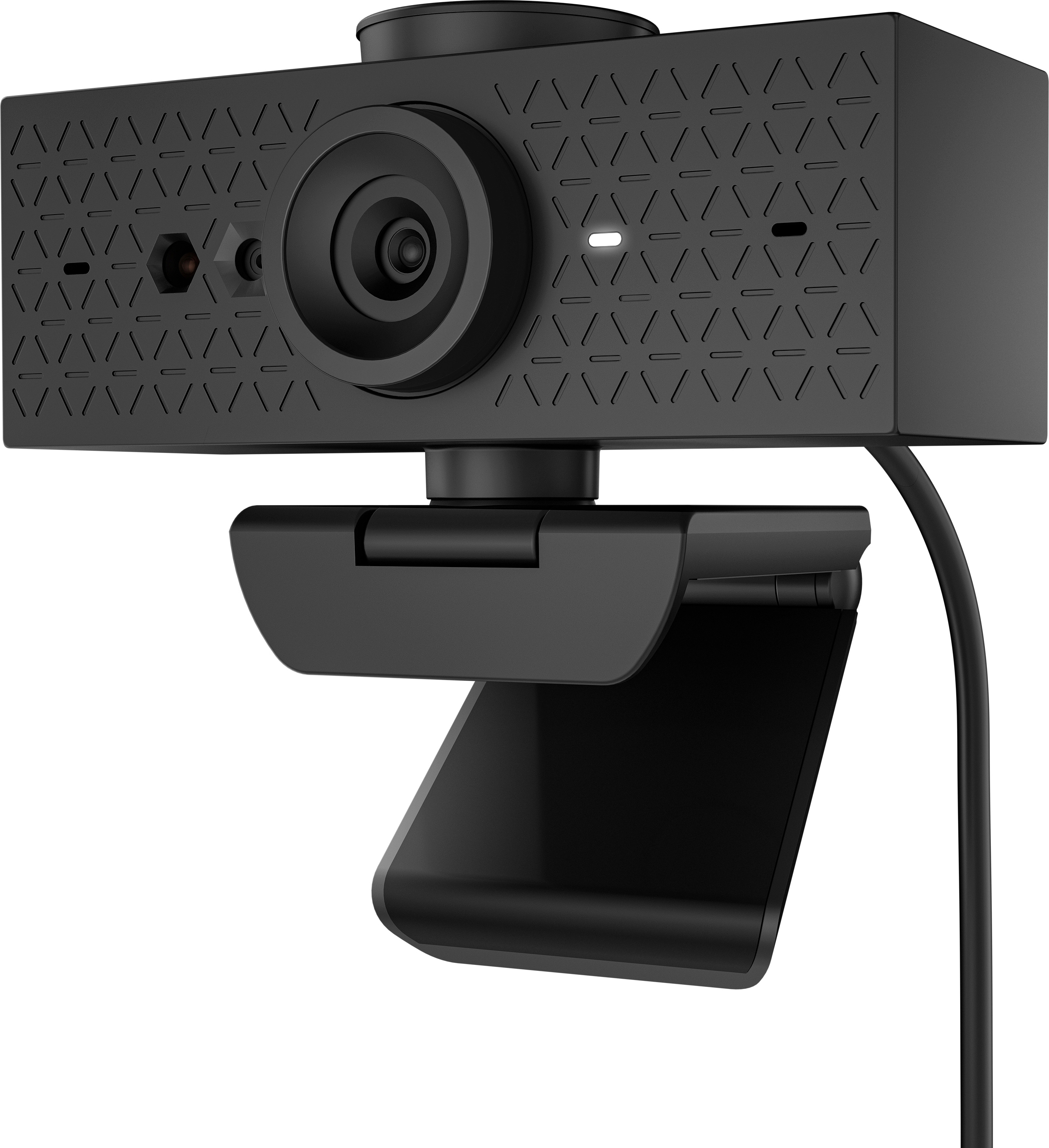Eine schwarze Webcam mit Linse und Ständer.