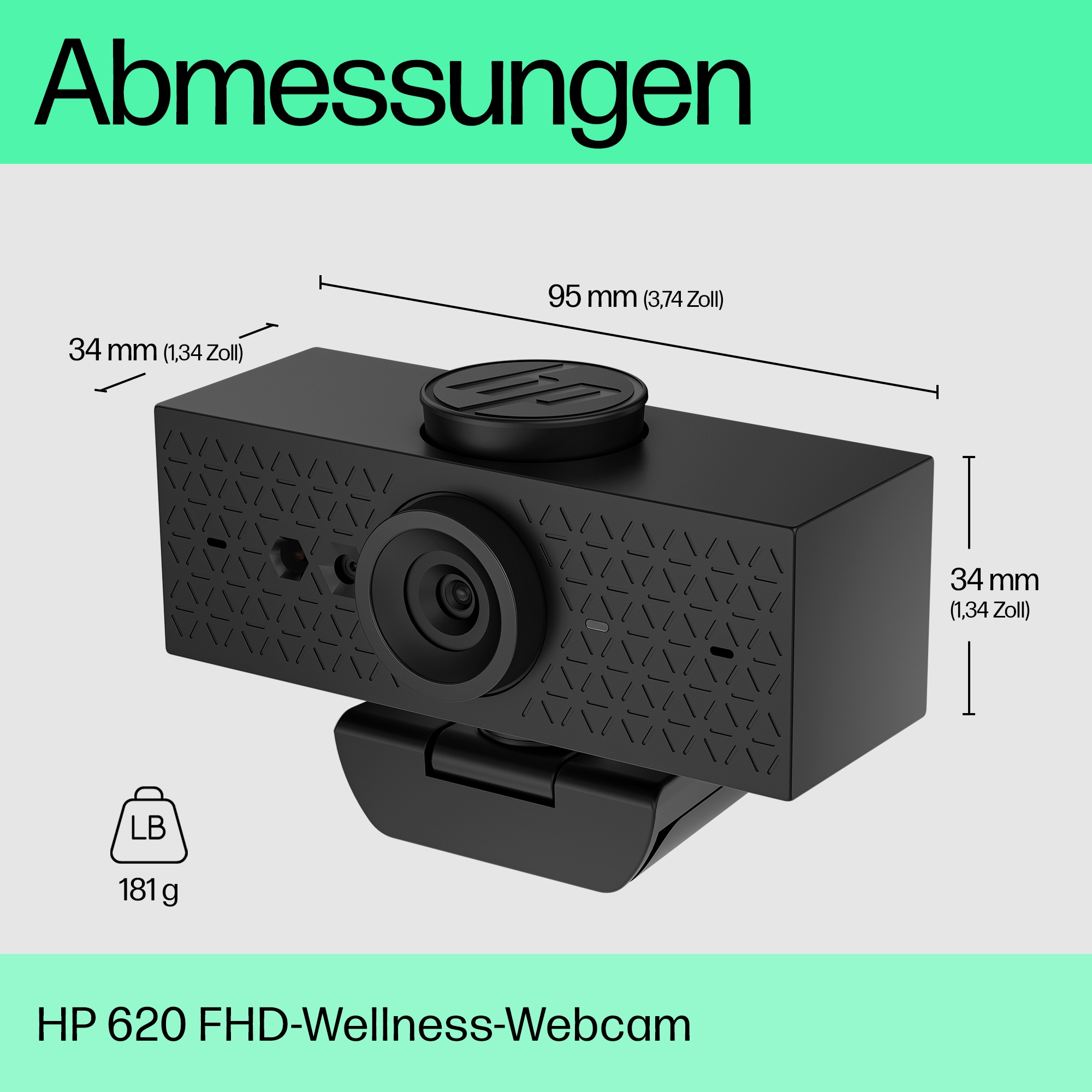 Eine schwarze HP-Webcam mit Abmessungen und Gewichtsangaben. Es ist eine Wellness-Webcam.