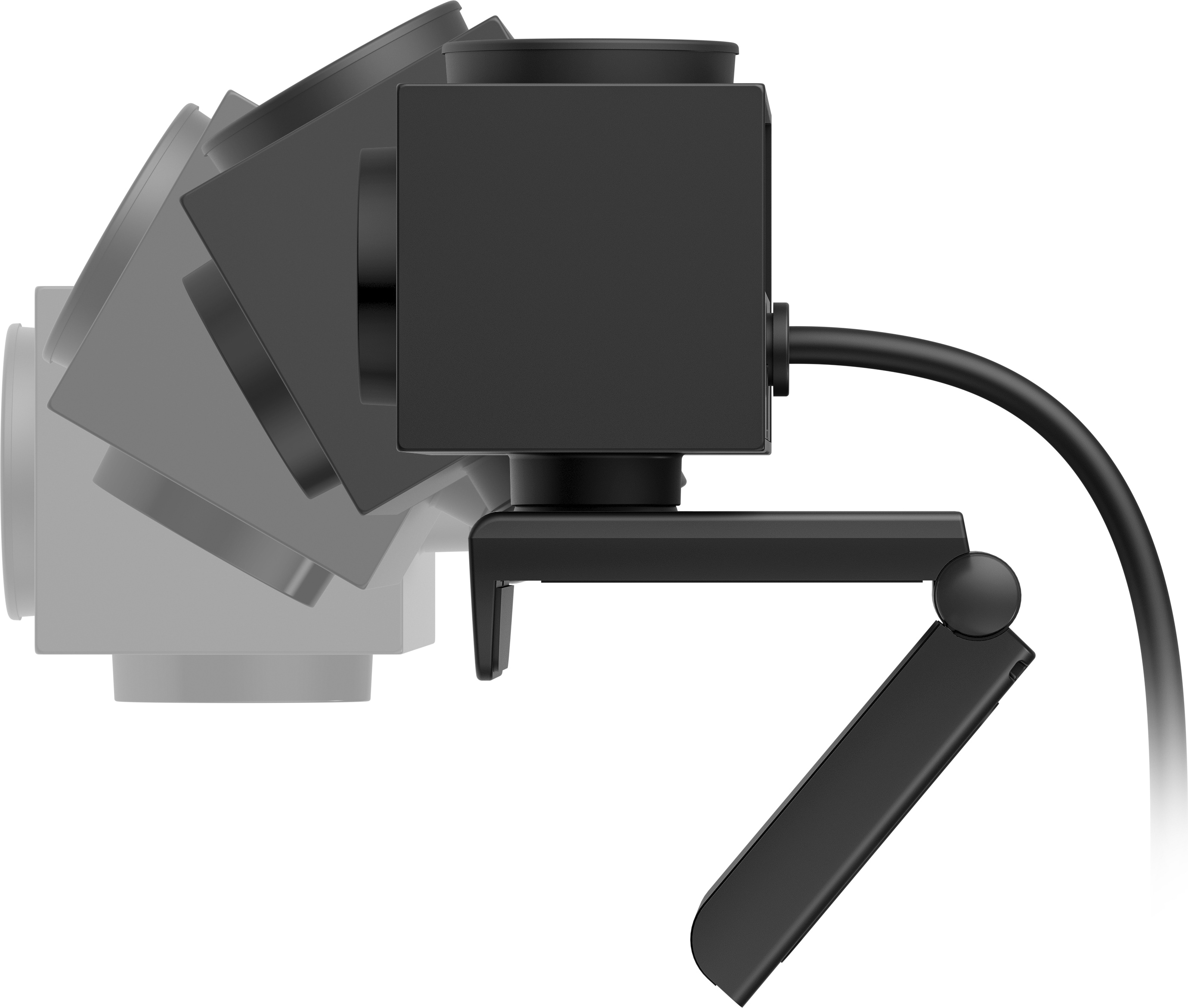 Schwarze Webcam, verstellbare Halterung und angeschlossenes Kabel. Mehrere Winkel sind im Hintergrund gezeigt.