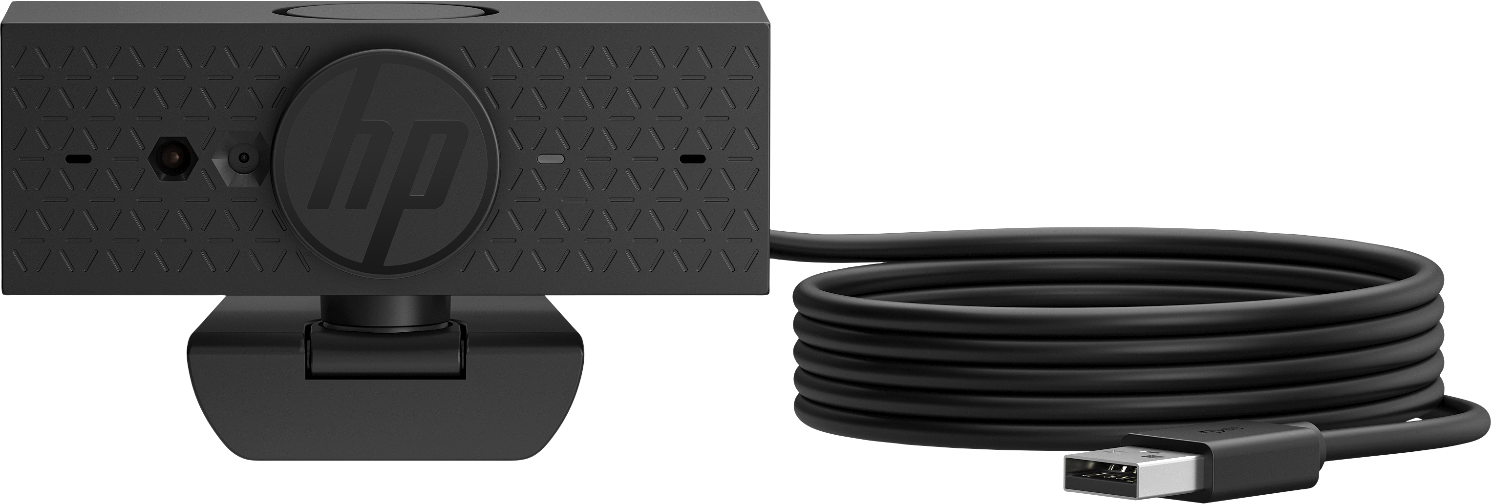 Schwarze HP Webcam. Frontansicht mit HP Logo und langem schwarzen USB-Kabel.