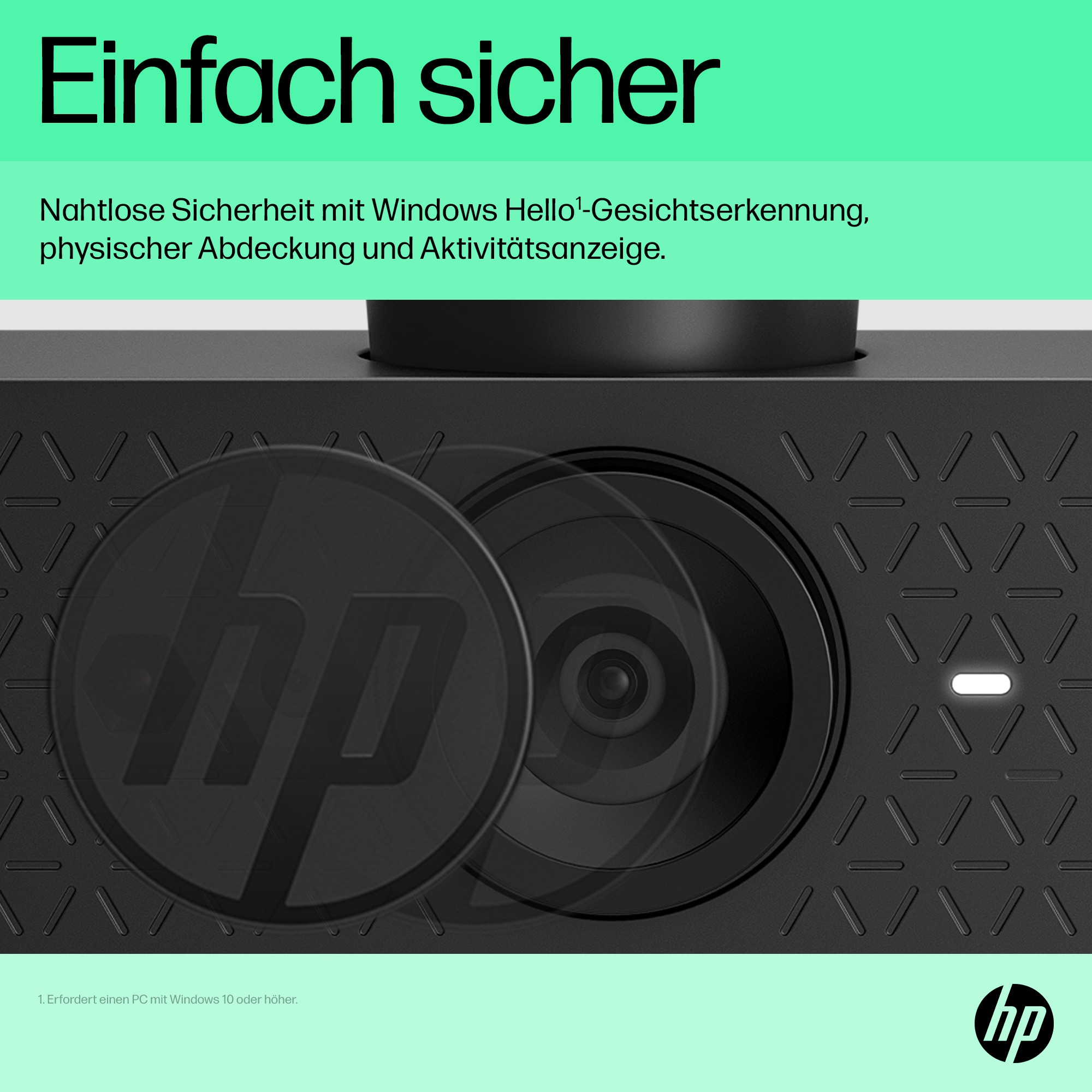 Schwarzes Panel mit HP-Logo, deutschem Text und weißem Licht.