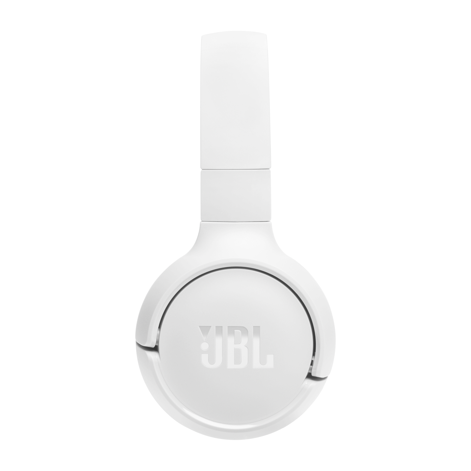 Siyah zemin üzerinde beyaz JBL kulaklık, üstten görünüm. JBL logosu görünür.