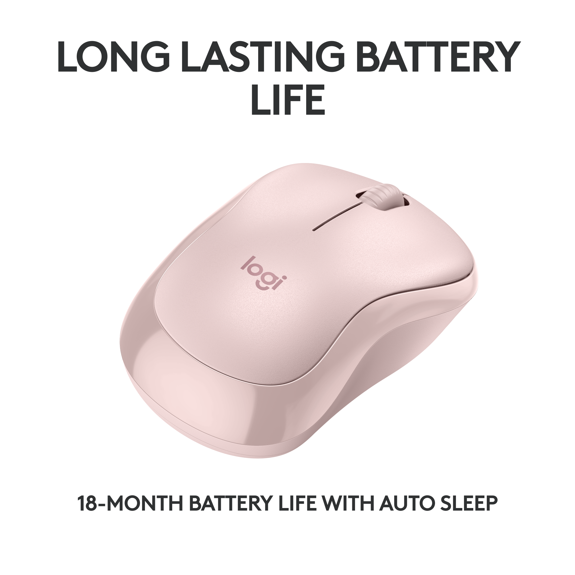 Souris sans fil Logitech rose avec une molette, isolée sur fond blanc.