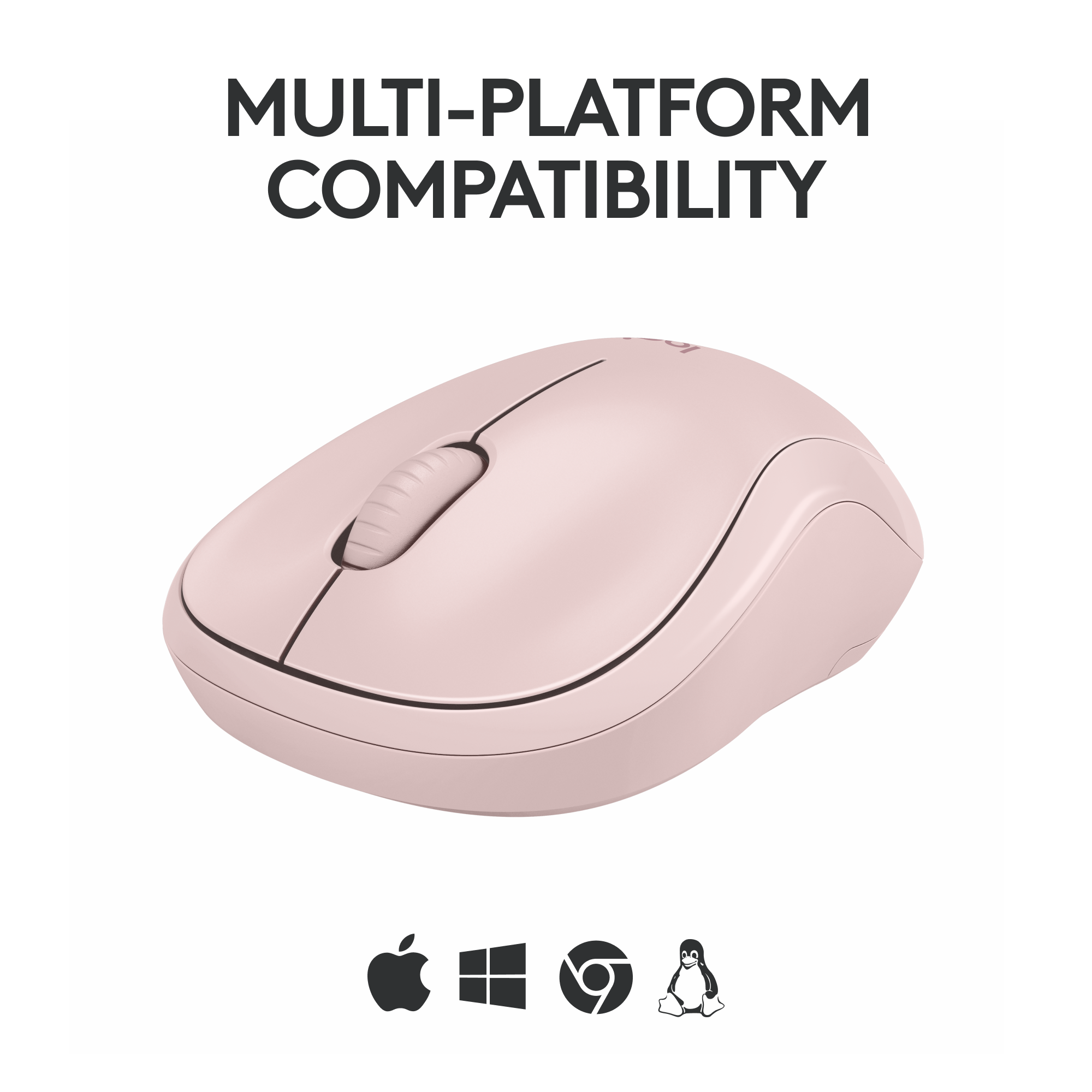 Souris rose avec icônes de compatibilité multiplateforme : Apple, Windows, Chrome et Linux.