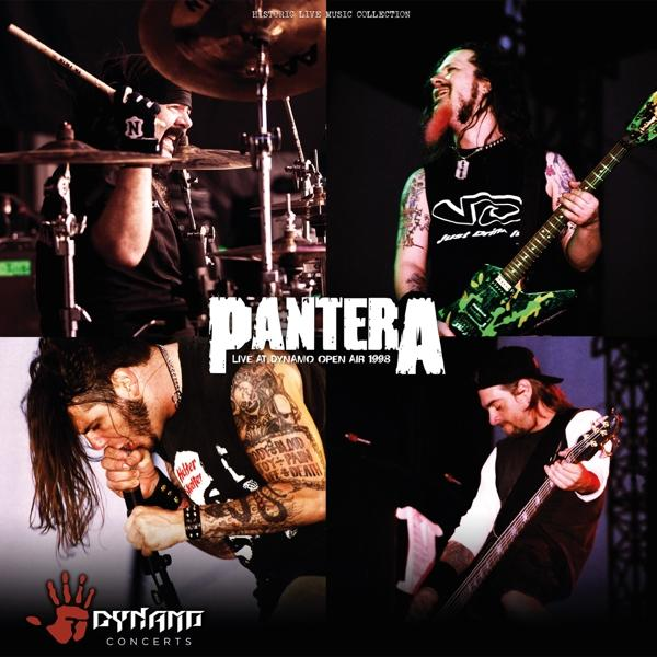 Pantera Live at Dynamo Open Air 1998 album borító. A zenekar tagjai a színpadon. Sötét háttér.