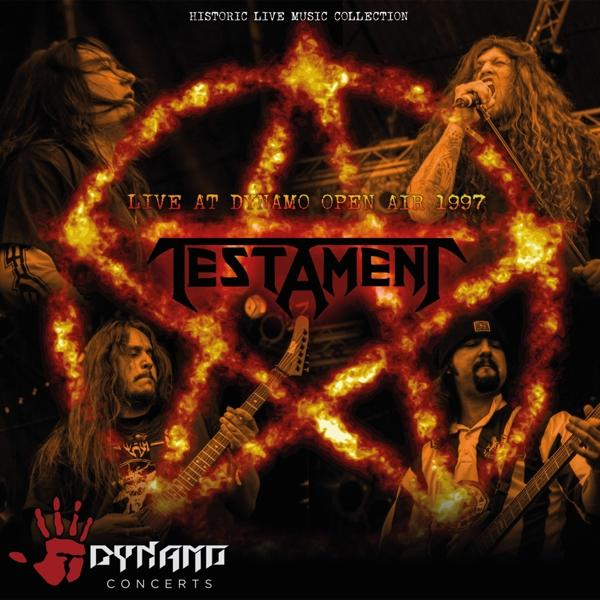 Testament album borító: zenekar tagjai, tüzes csillag és a zenekar neve.