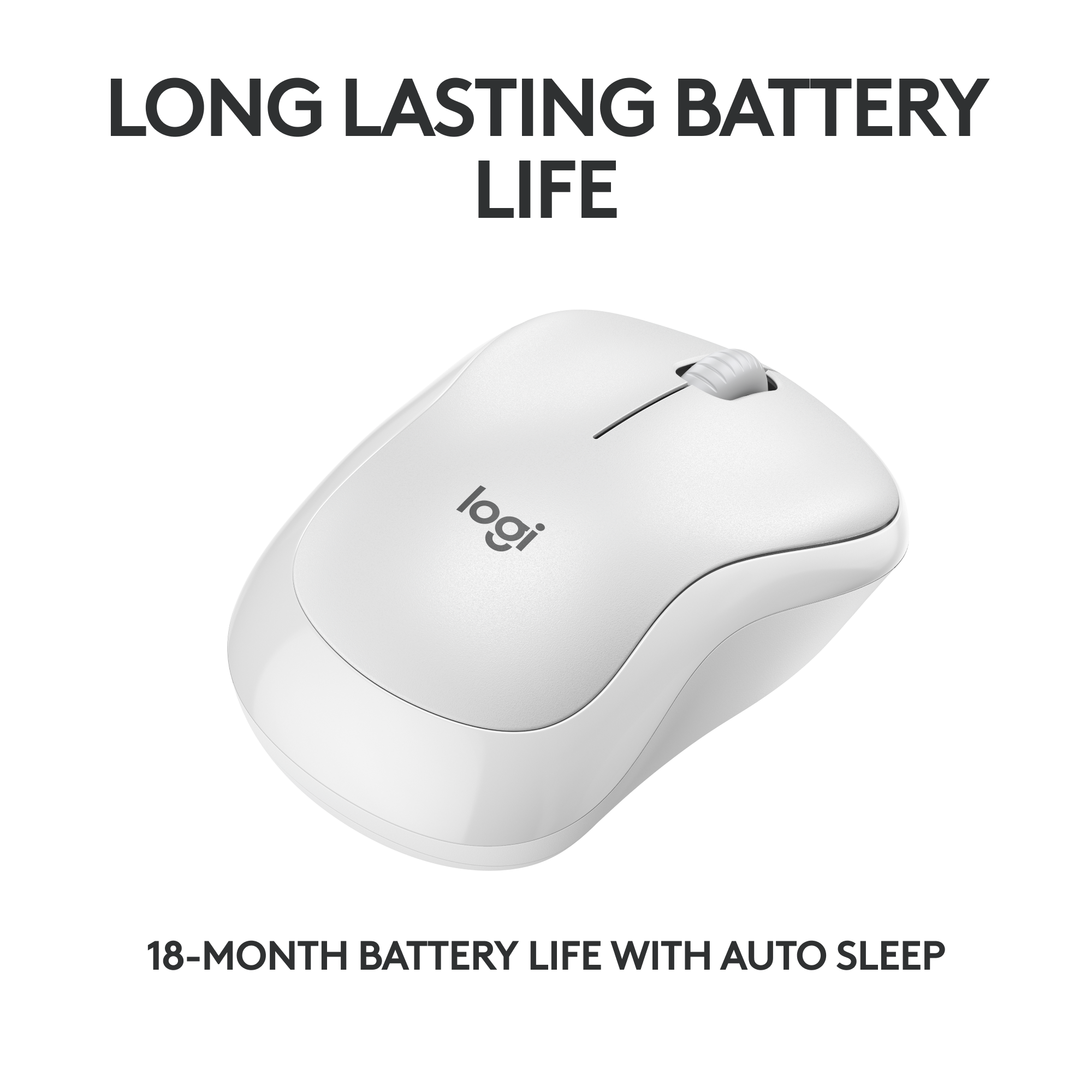 Weiße Logitech-Maus mit Text über lange Akkulaufzeit.