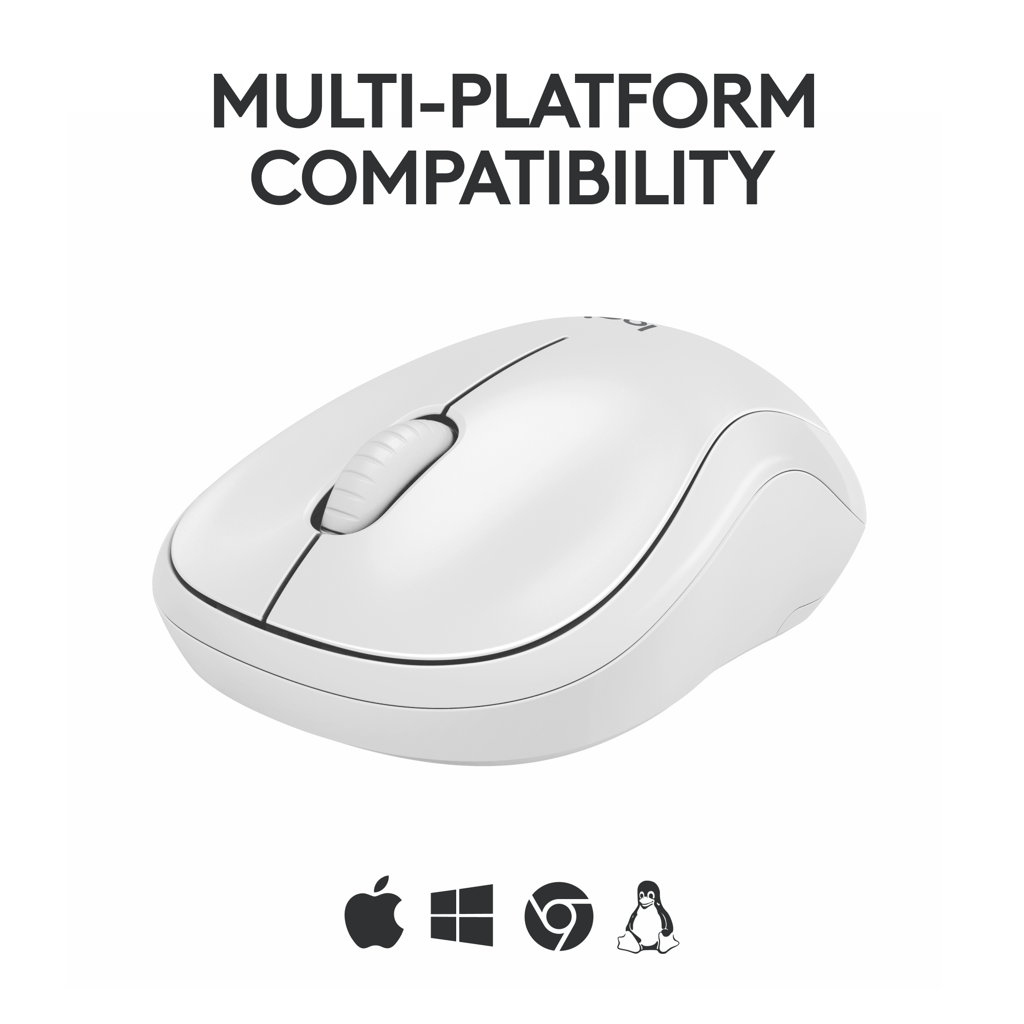 Weiße Maus mit Scrollrad. Apple-, Windows-, Chrome- und Linux-Logos darunter.