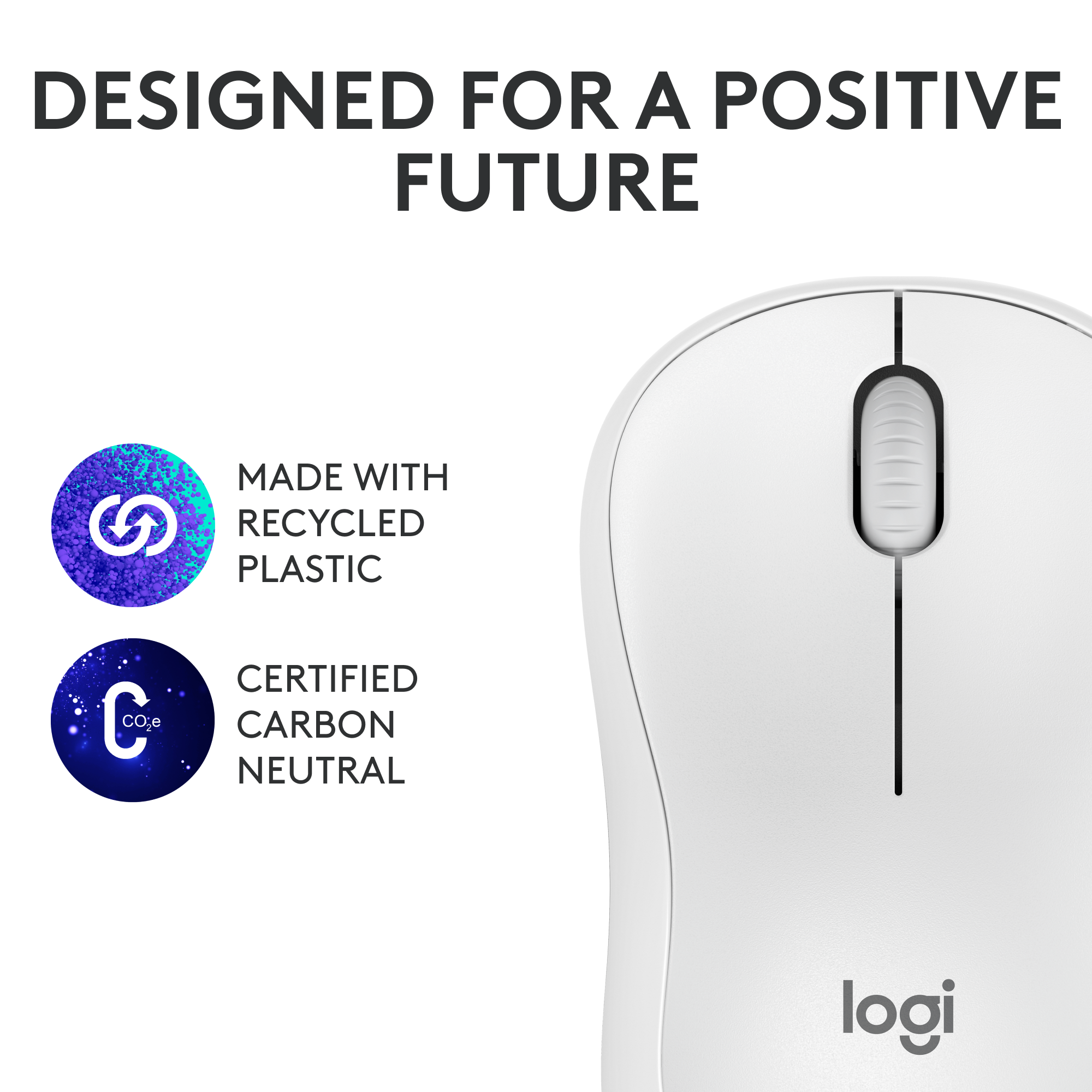 Weiße Maus mit Text: "Hergestellt aus recyceltem Kunststoff" und "Zertifiziert CO2-neutral".