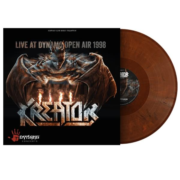 Kreator vinylhoes. Toont een demonische figuur met een metalbandlogo op een bruine plaat.