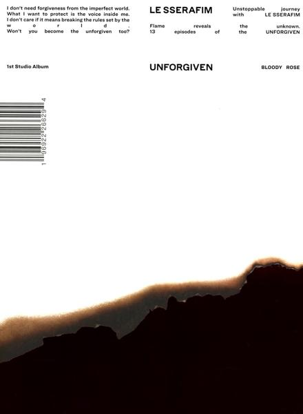 Albumcover mit Titel 'UNFORGIVEN' und Text, dunkler verbrannter Papiereffekt unten.