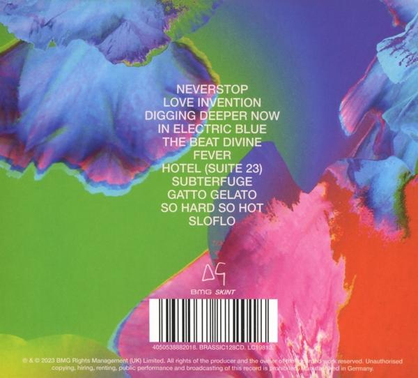 Album-Cover mit Songliste auf grün-blau-pinkem Hintergrund.