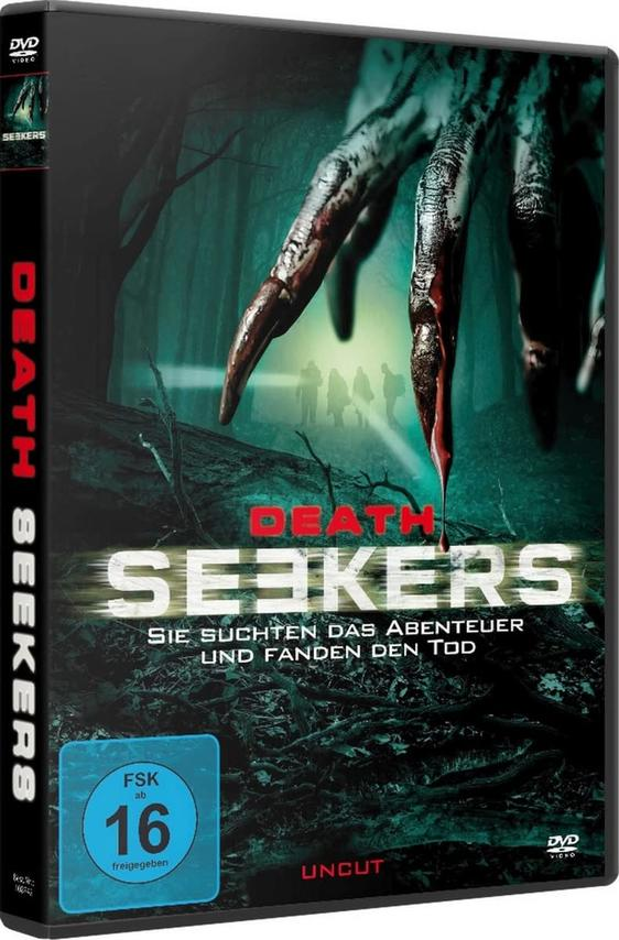 Ein DVD-Cover zeigt eine Zombiehand mit Blut und einem dunklen Hintergrund. Es steht Death Seekers und FSK 16 drauf.